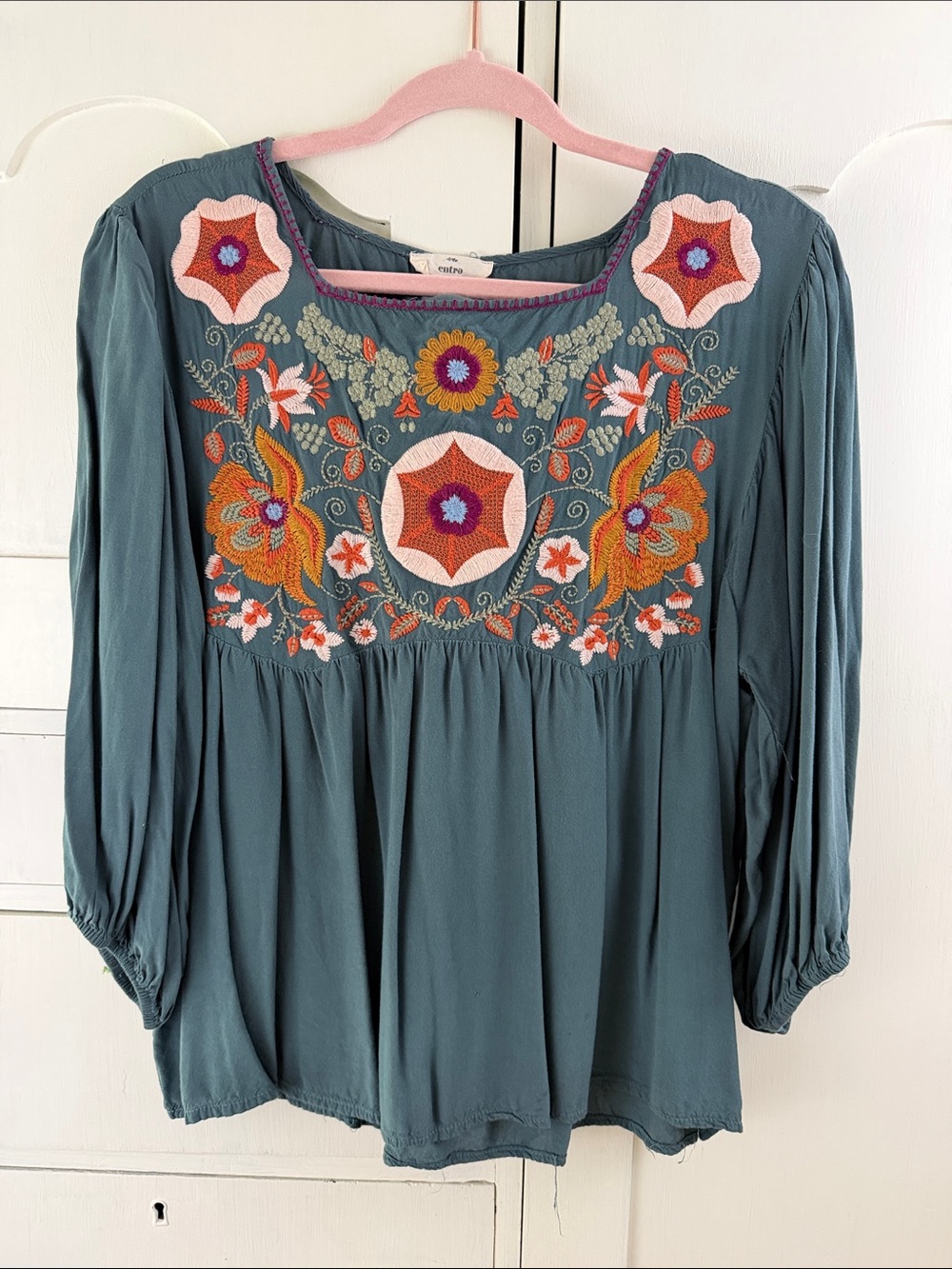Entro Teal Peasant Blouse with Orange and Cream Floral Embroidery Large